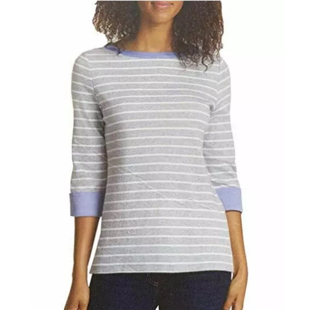 Nautica Women's Gray And White Striped 3/4 Sleeve Chambray Cuffed Top‎ Size L